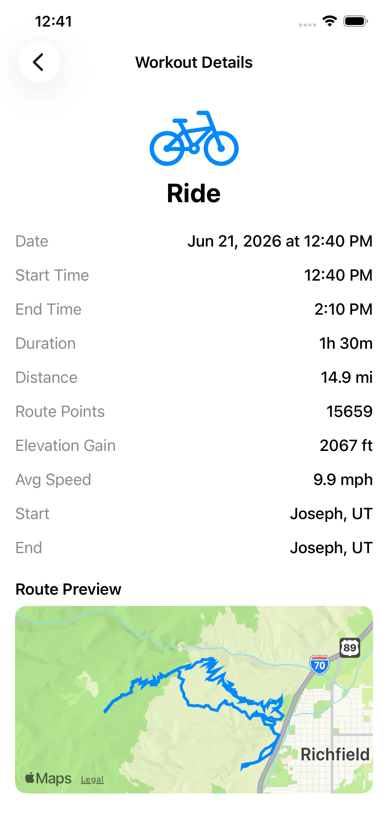 Workout details screen showing route map, statistics, and elevation data