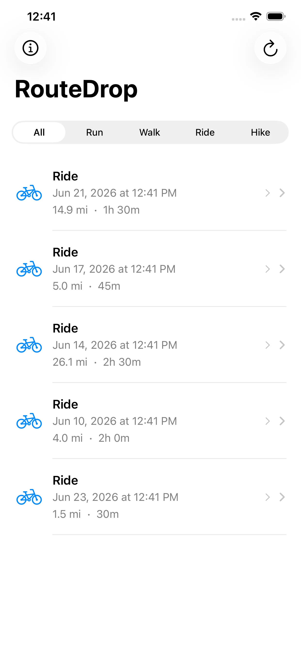 RouteDrop workout list showing multiple cycling activities with filtering options